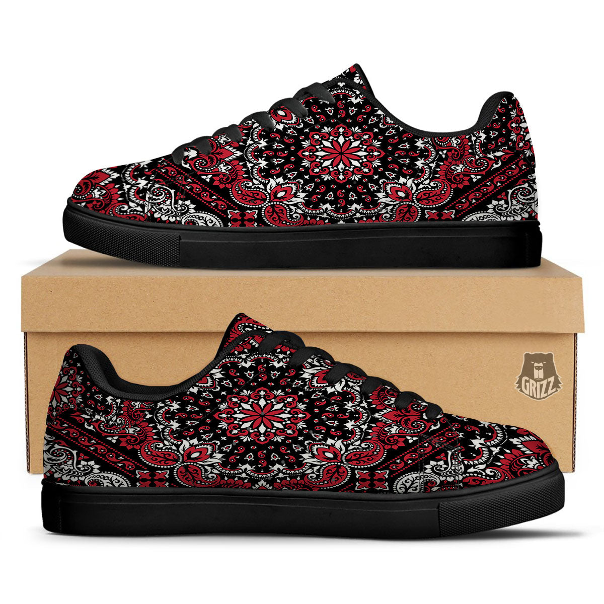 Red Black Bandana Paisley Print Black Low Top Sneakers-grizzshop