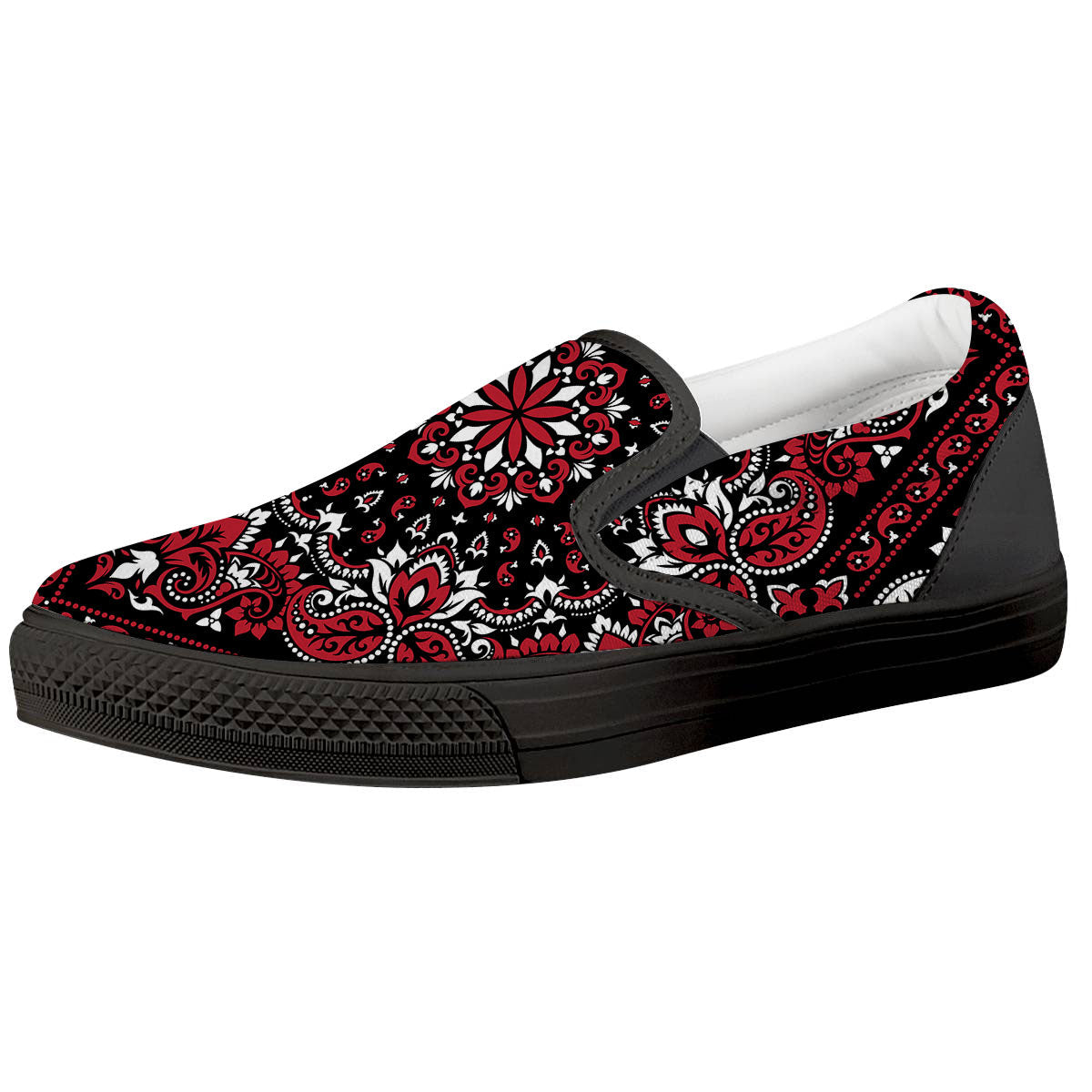 Red Black Bandana Paisley Print Black Slip On Shoes-grizzshop