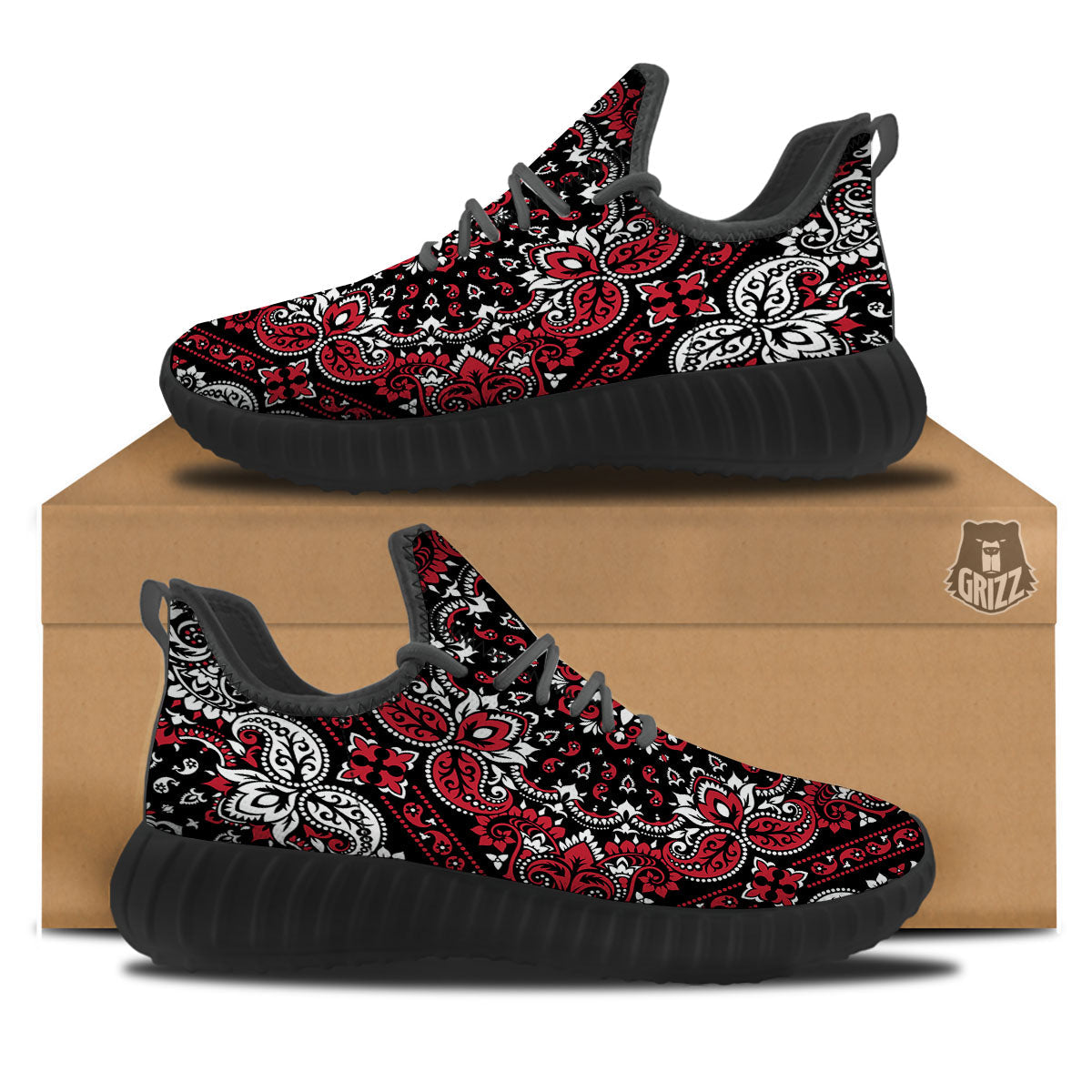 Red Black Bandana Paisley Print Black Walking Shoes-grizzshop