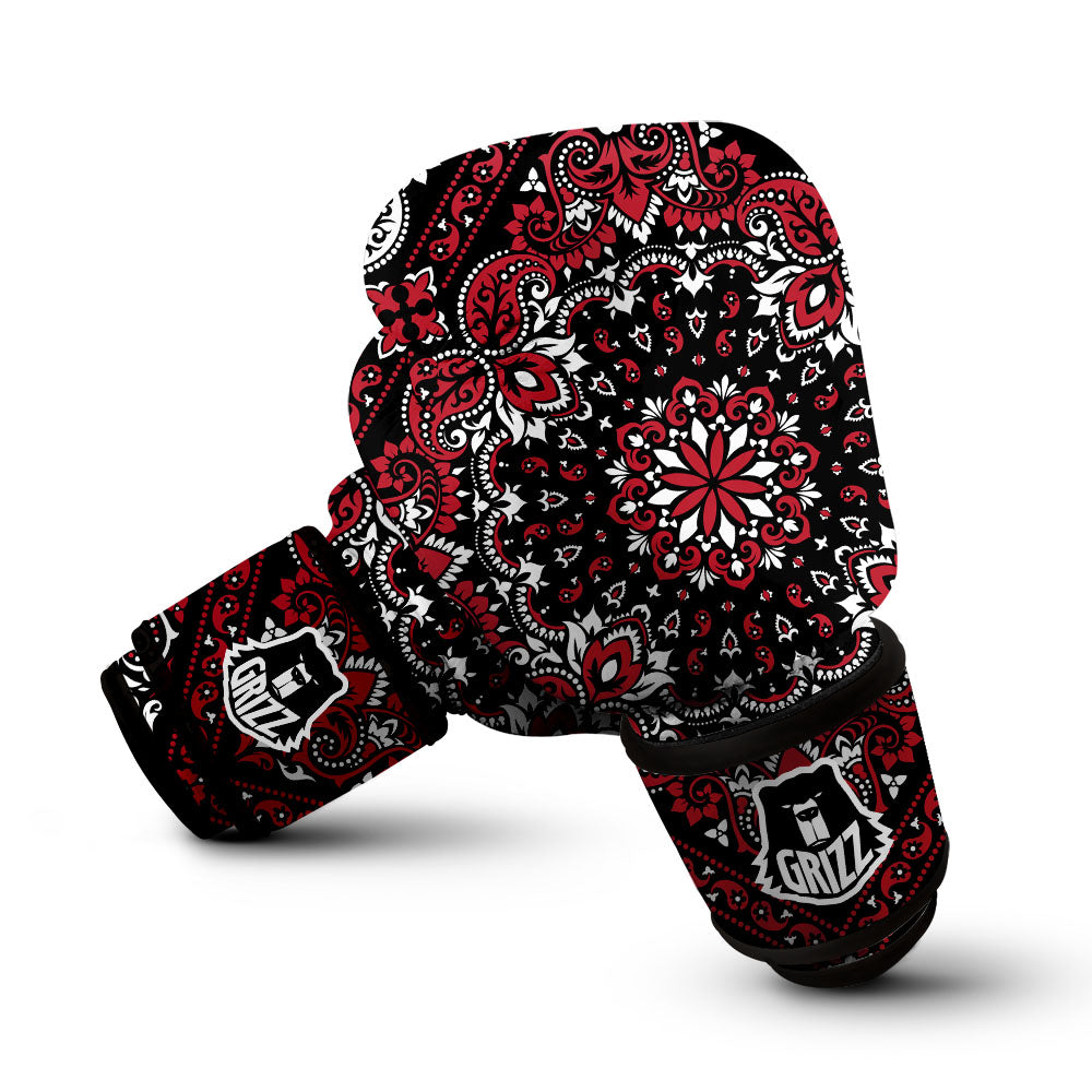 Red Black Bandana Paisley Print Boxing Gloves-grizzshop