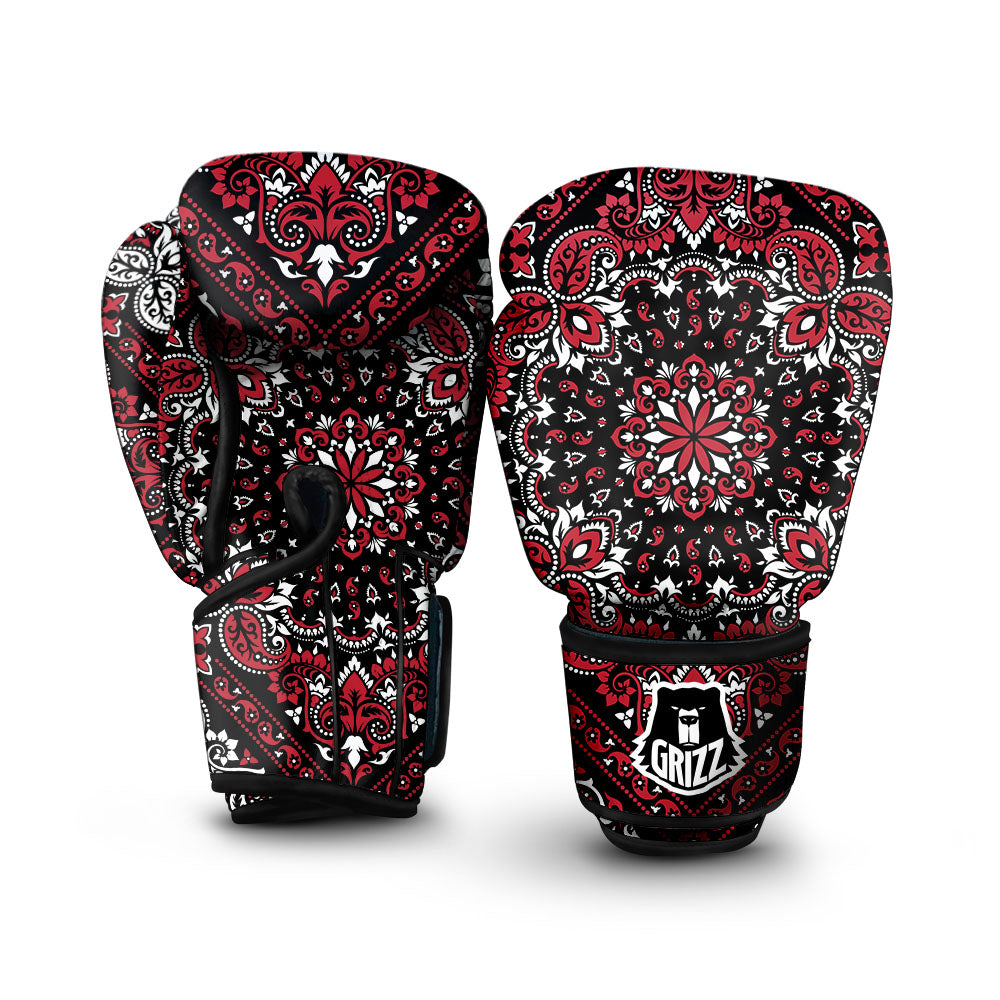 Red Black Bandana Paisley Print Boxing Gloves-grizzshop