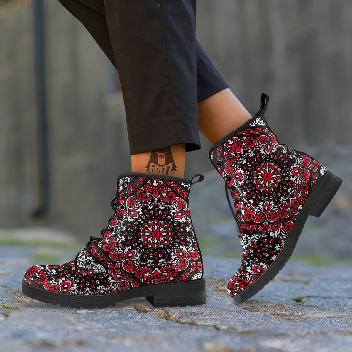 Red Black Bandana Paisley Print Leather Boots-grizzshop