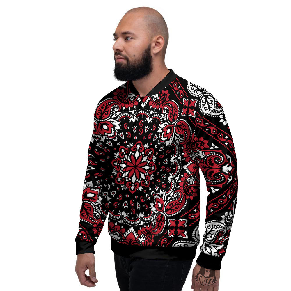 Red Black Bandana Paisley Print Men's Bomber Jacket-grizzshop