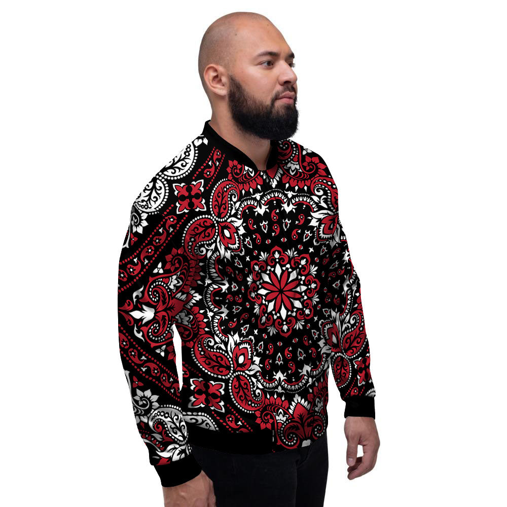 Red Black Bandana Paisley Print Men's Bomber Jacket-grizzshop