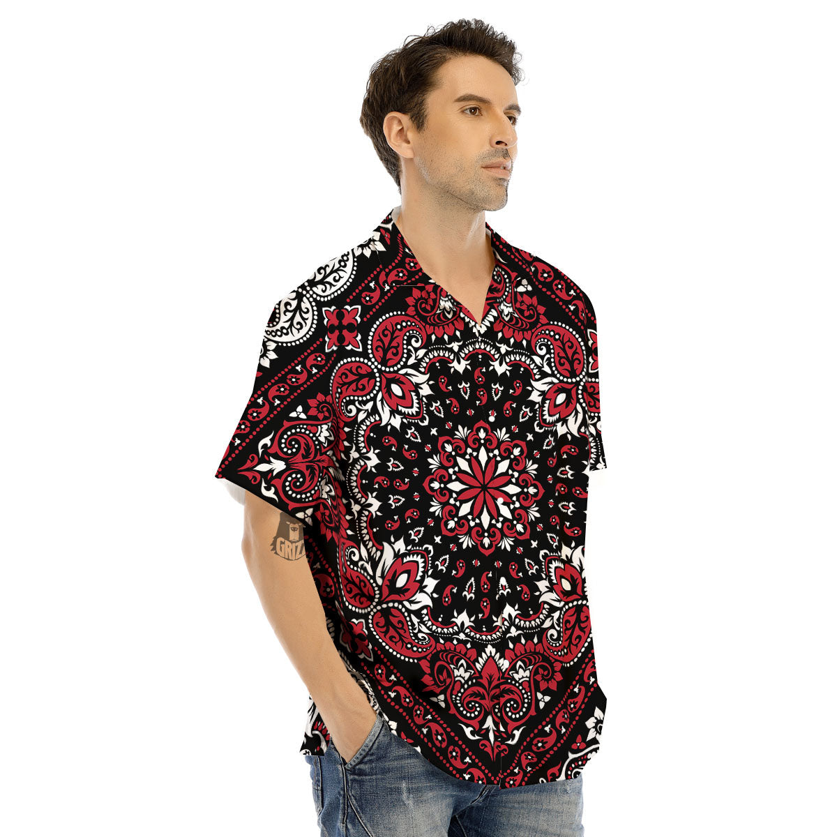 Red Black Bandana Paisley Print Men's Hawaiian Shirt-grizzshop