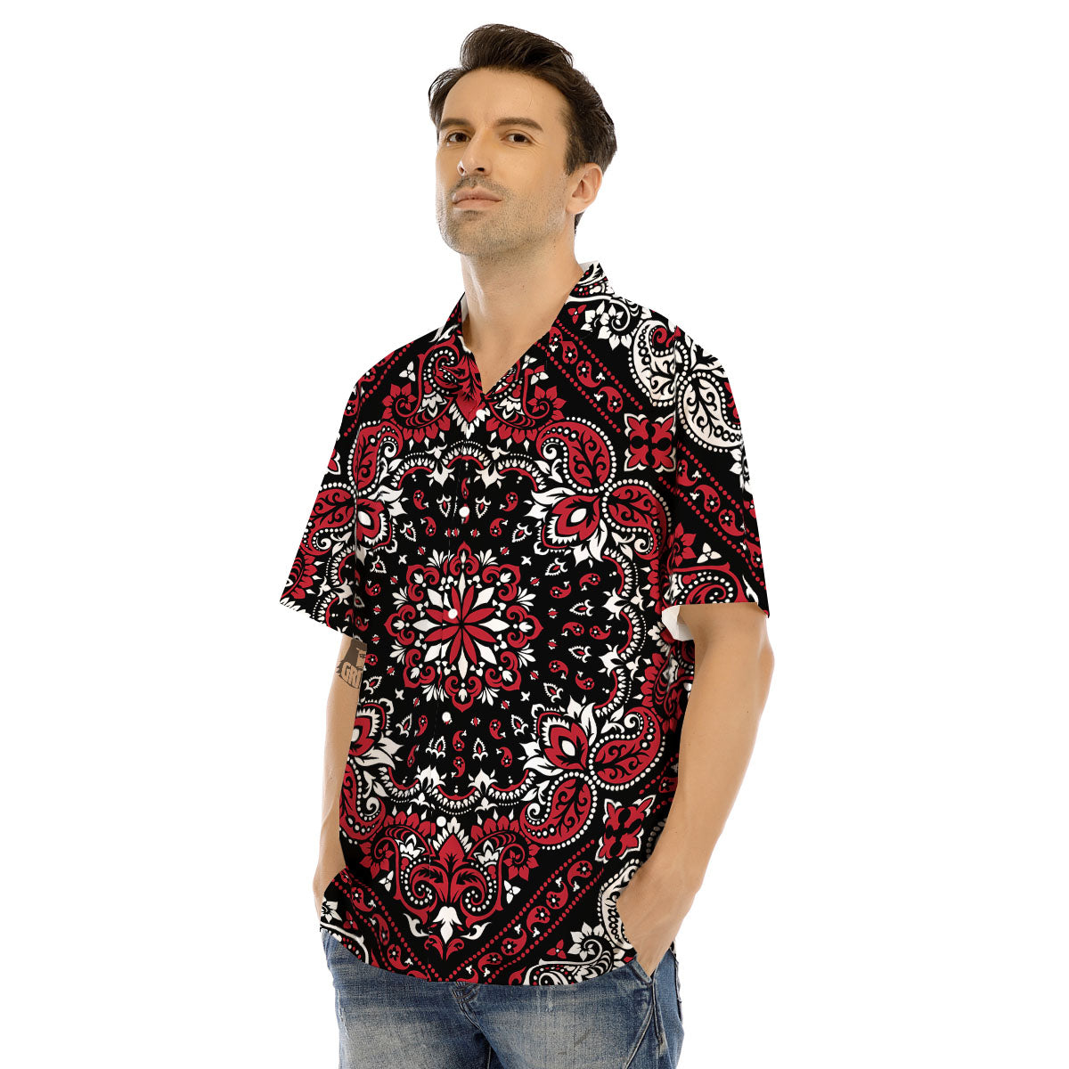 Red Black Bandana Paisley Print Men's Hawaiian Shirt-grizzshop