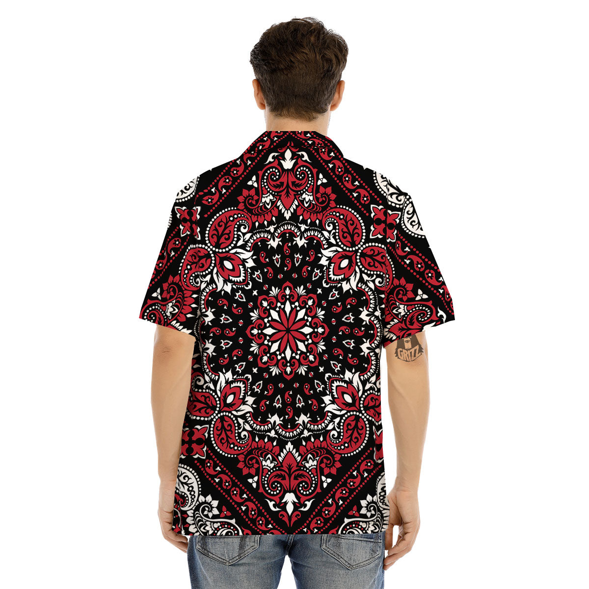 Red Black Bandana Paisley Print Men's Hawaiian Shirt-grizzshop