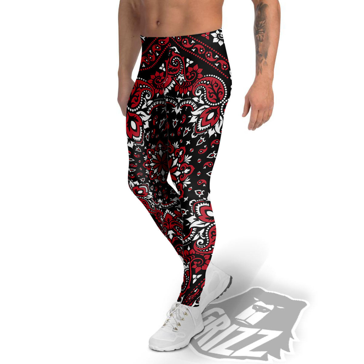 Red Black Bandana Paisley Print Men's Leggings-grizzshop