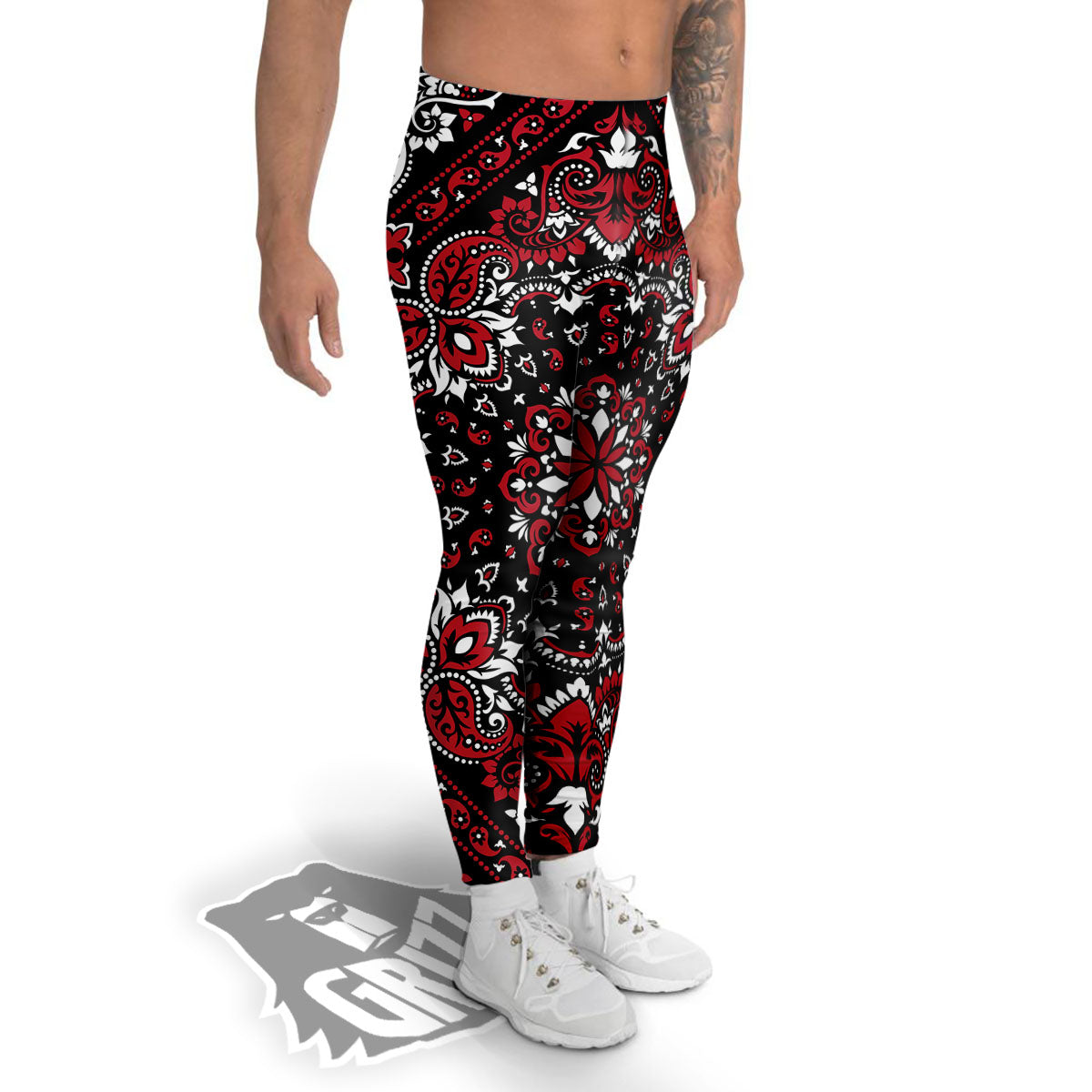 Red Black Bandana Paisley Print Men's Leggings-grizzshop