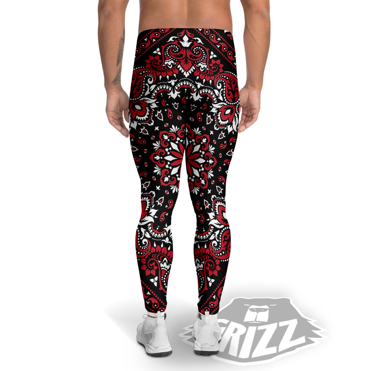 Red Black Bandana Paisley Print Men's Leggings-grizzshop