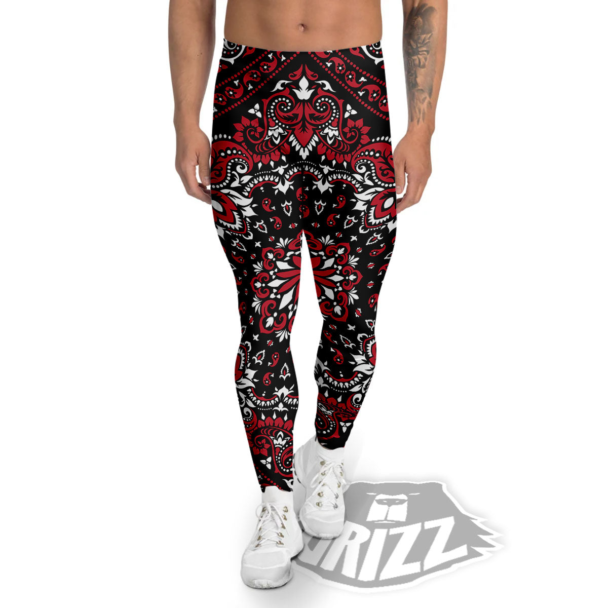 Red Black Bandana Paisley Print Men's Leggings-grizzshop