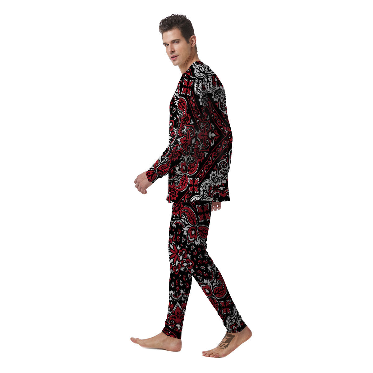 Red Black Bandana Paisley Print Men's Pajamas-grizzshop