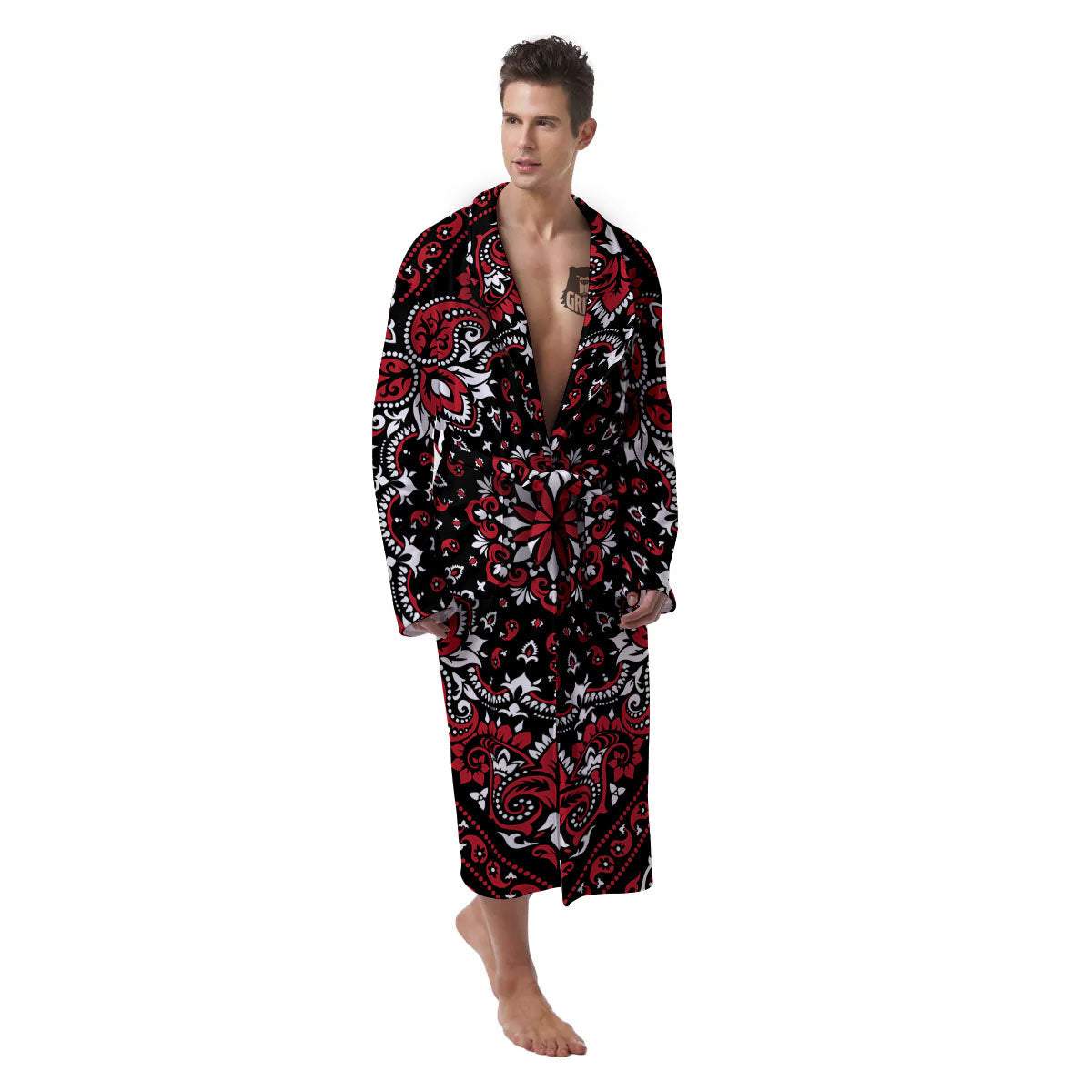 Red Black Bandana Paisley Print Men's Robe-grizzshop