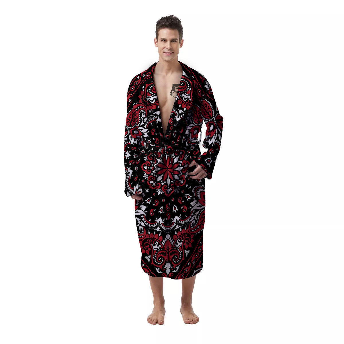 Red Black Bandana Paisley Print Men's Robe-grizzshop