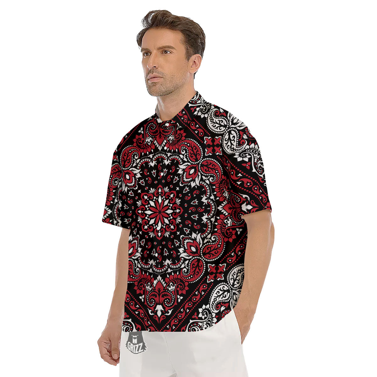 Red Black Bandana Paisley Print Men's Short Sleeve Shirts-grizzshop