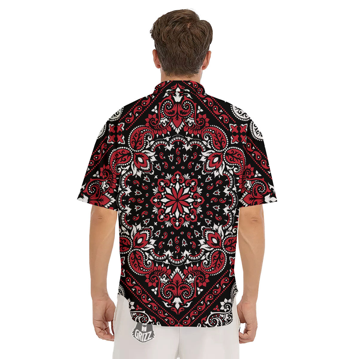 Red Black Bandana Paisley Print Men's Short Sleeve Shirts-grizzshop