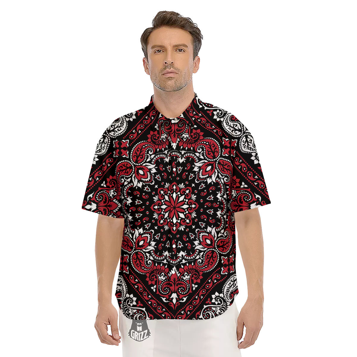 Red Black Bandana Paisley Print Men's Short Sleeve Shirts-grizzshop