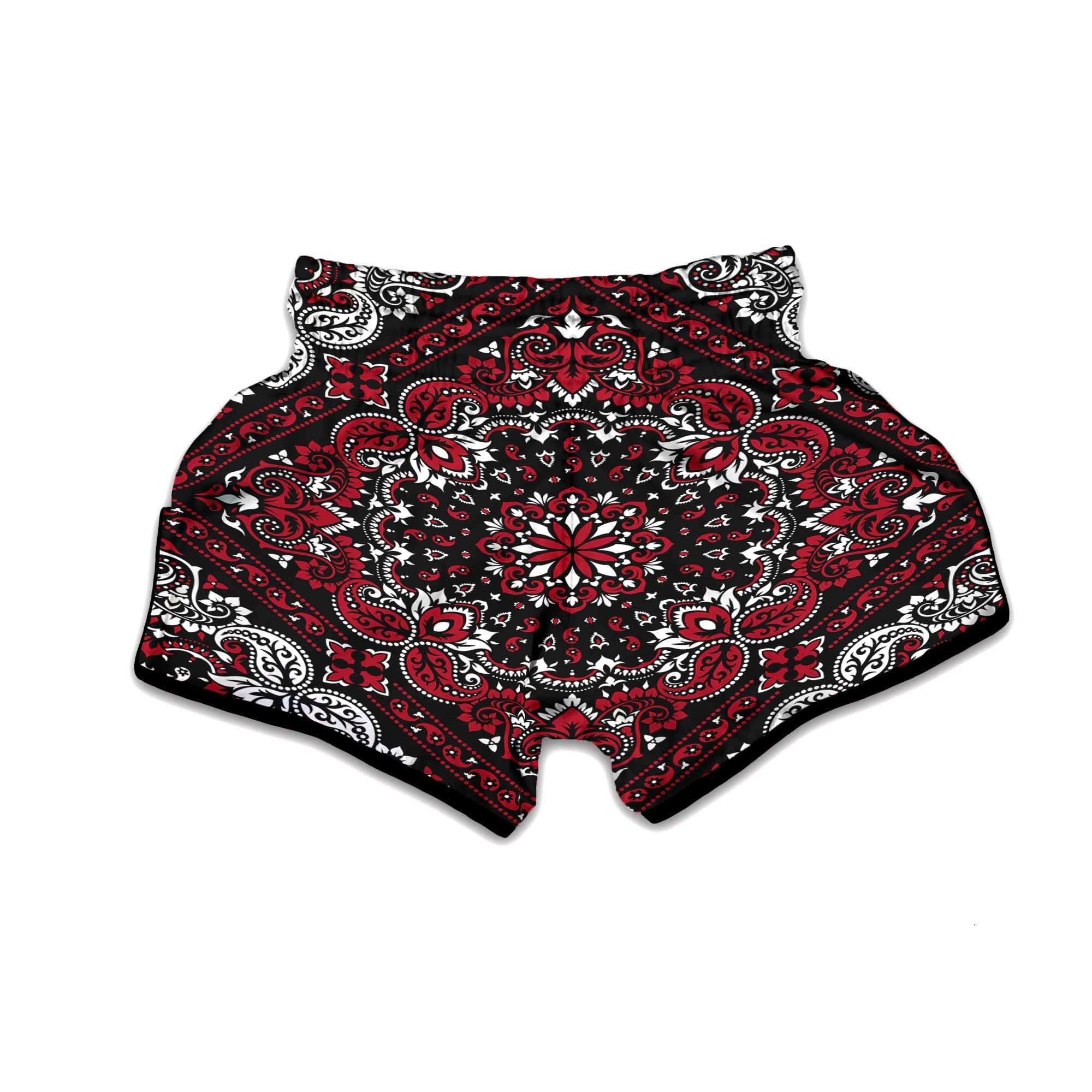 Red Black Bandana Paisley Print Muay Thai Boxing Shorts-grizzshop