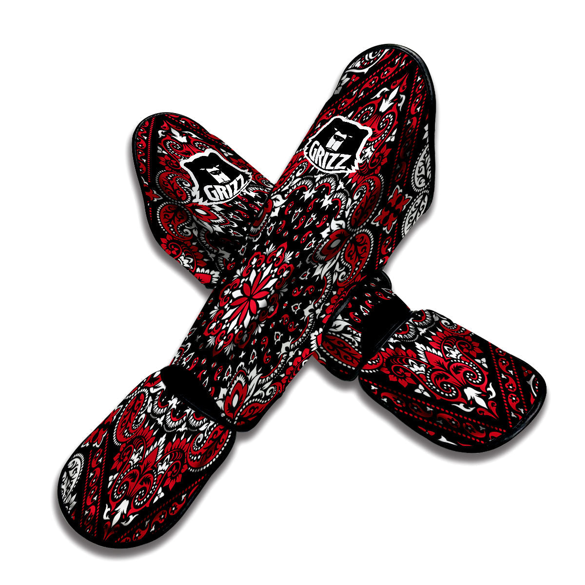 Red Black Bandana Paisley Print Muay Thai Shin Guards-grizzshop