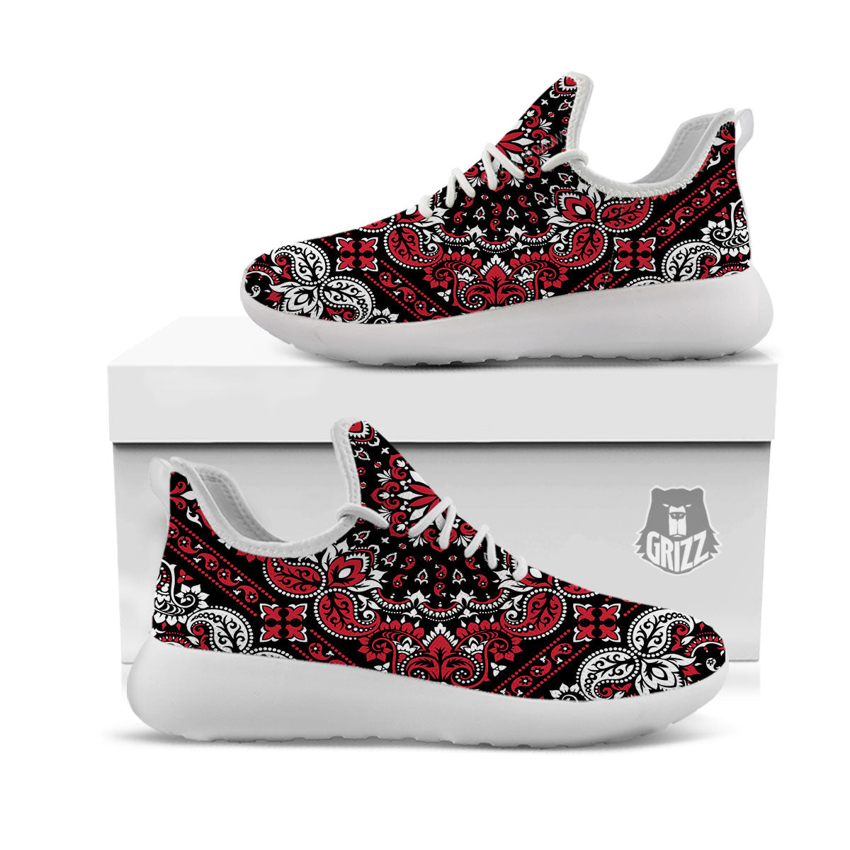 Red Black Bandana Paisley Print White Athletic Shoes-grizzshop