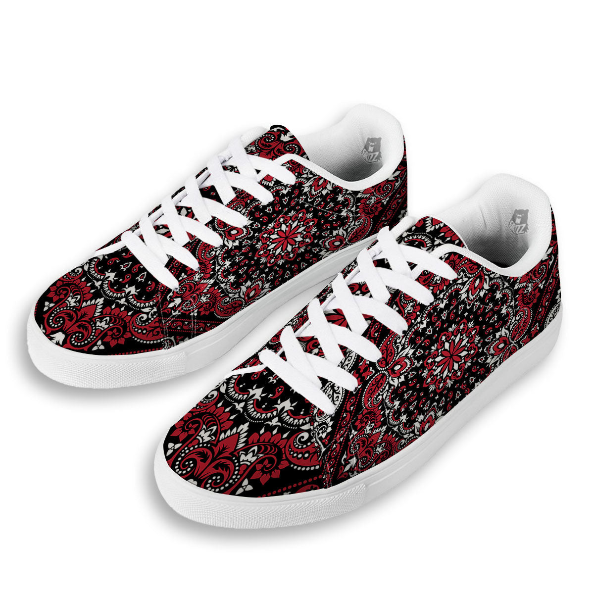 Red Black Bandana Paisley Print White Low Top Sneakers-grizzshop