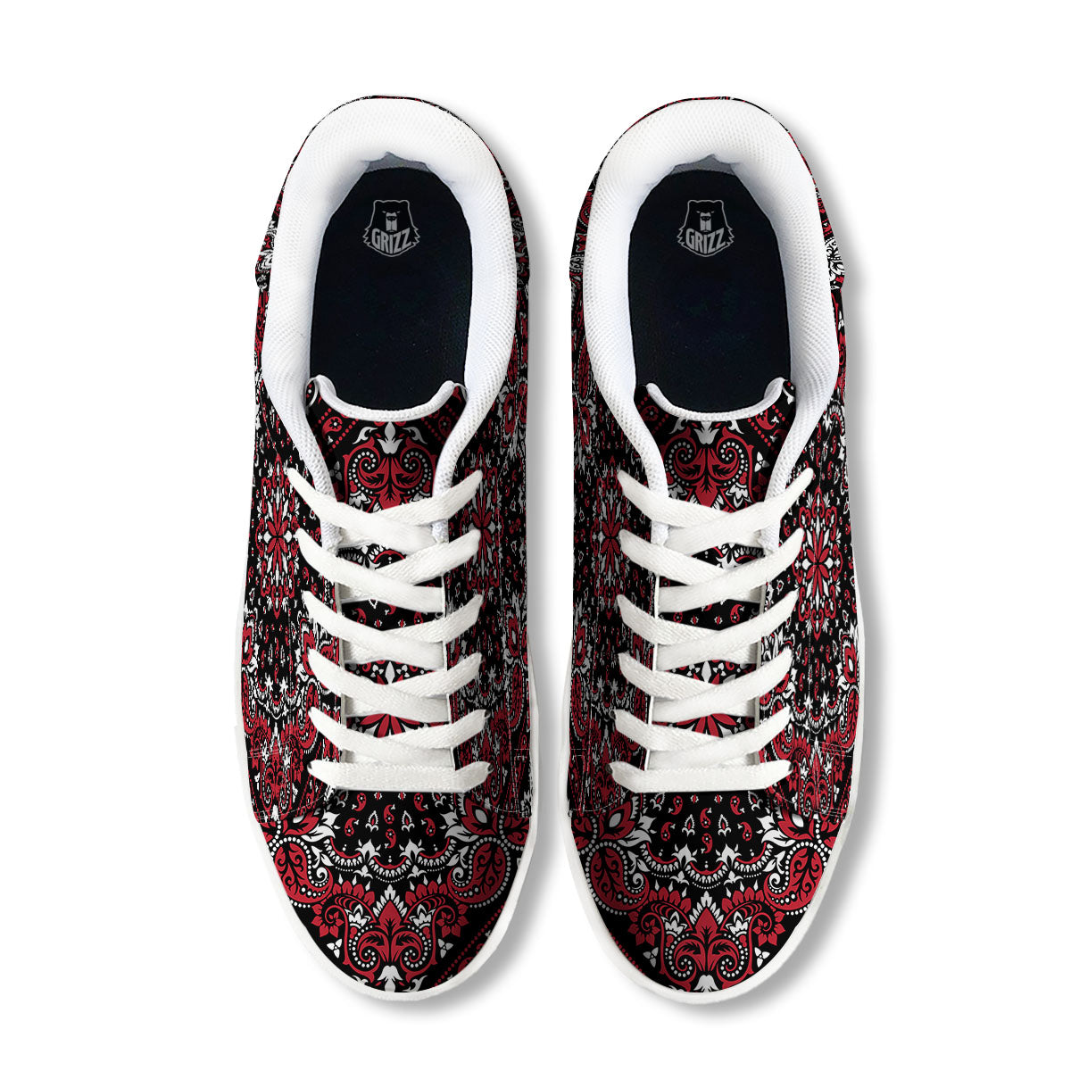 Red Black Bandana Paisley Print White Low Top Sneakers-grizzshop