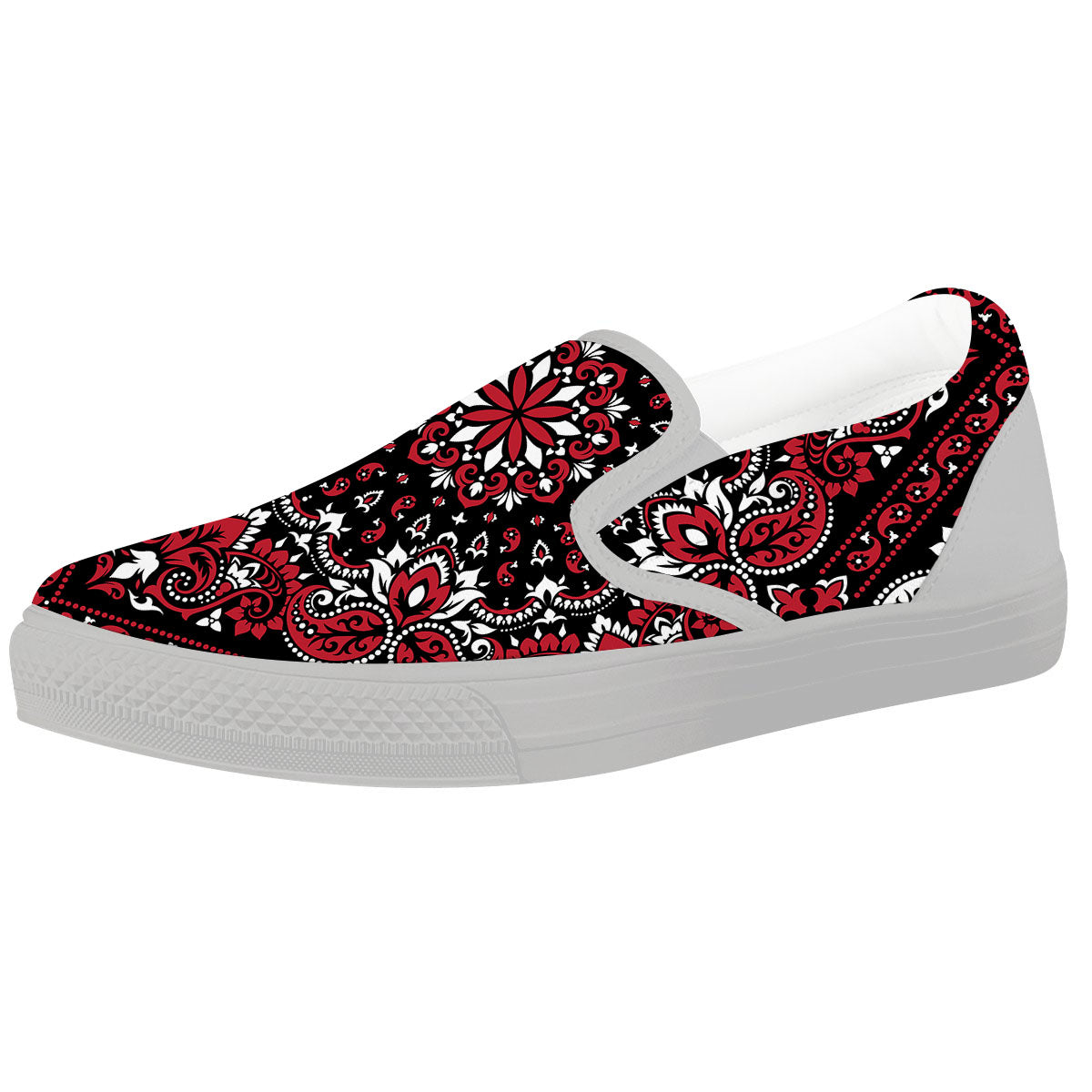 Red Black Bandana Paisley Print White Slip On Shoes-grizzshop