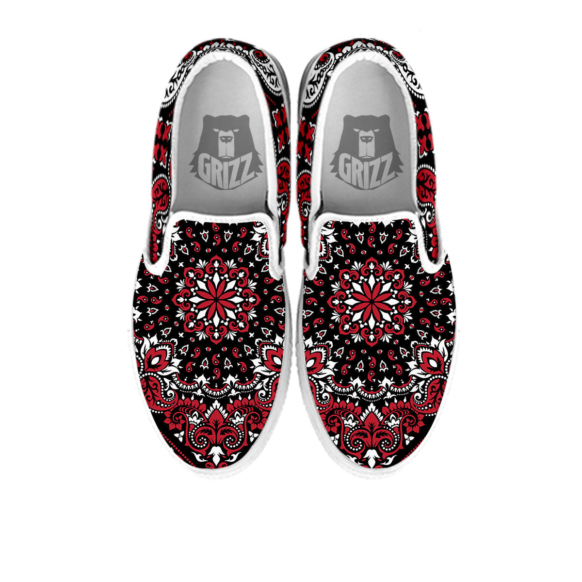 Red Black Bandana Paisley Print White Slip On Shoes-grizzshop