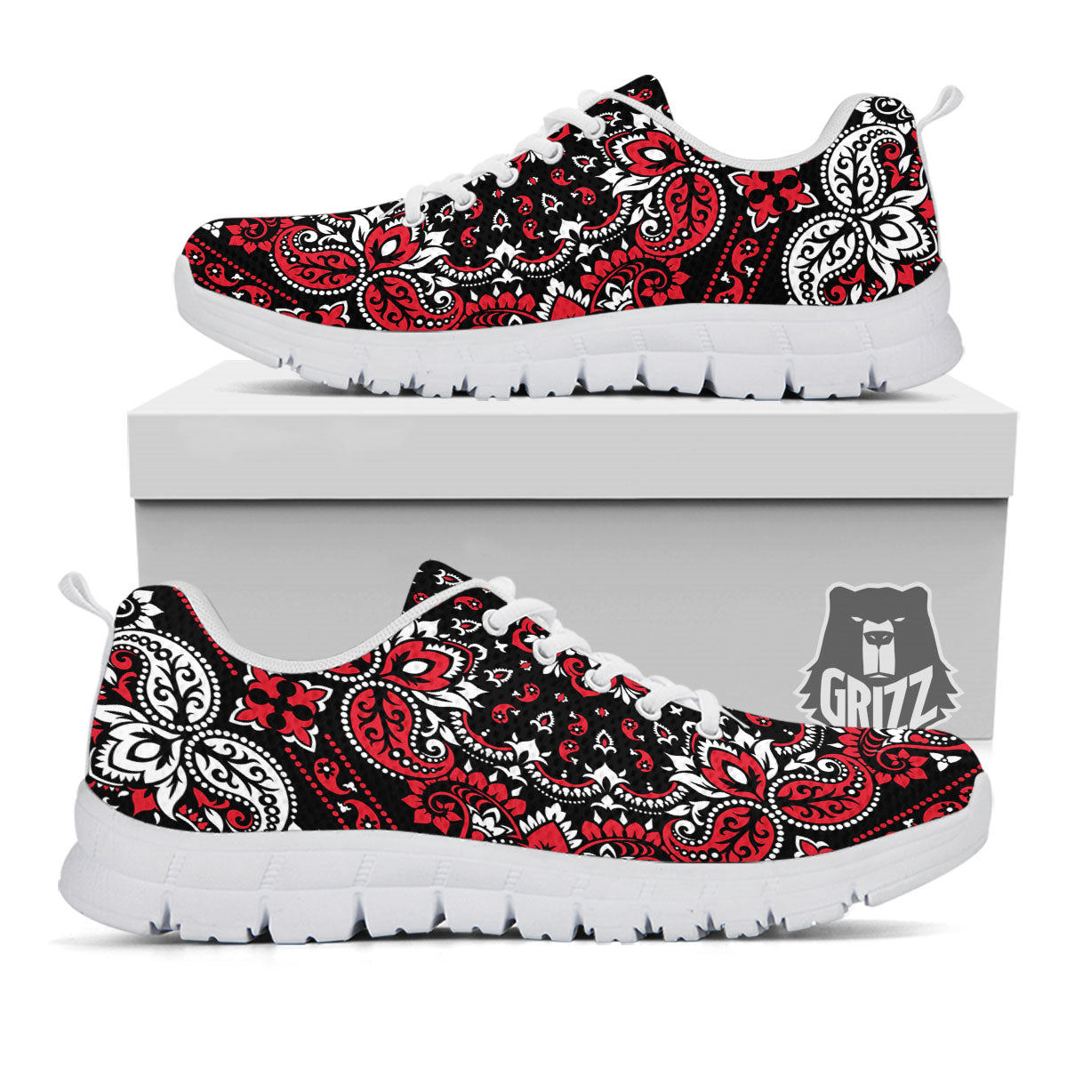 Red Black Bandana Paisley Print White Sneaker-grizzshop