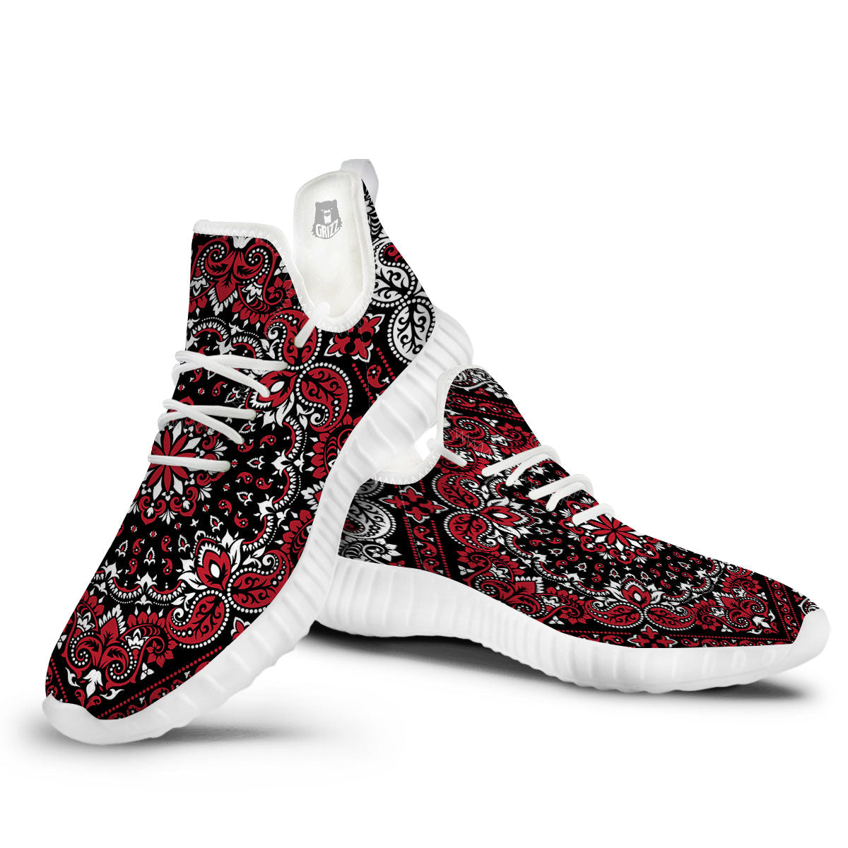 Red Black Bandana Paisley Print White Walking Shoes-grizzshop