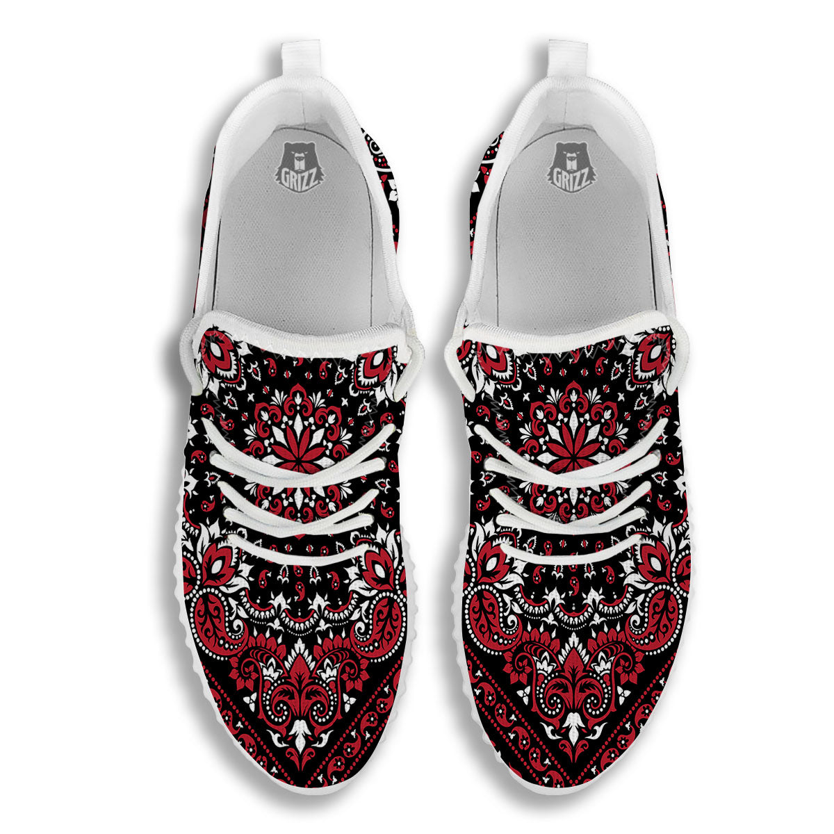 Red Black Bandana Paisley Print White Walking Shoes-grizzshop