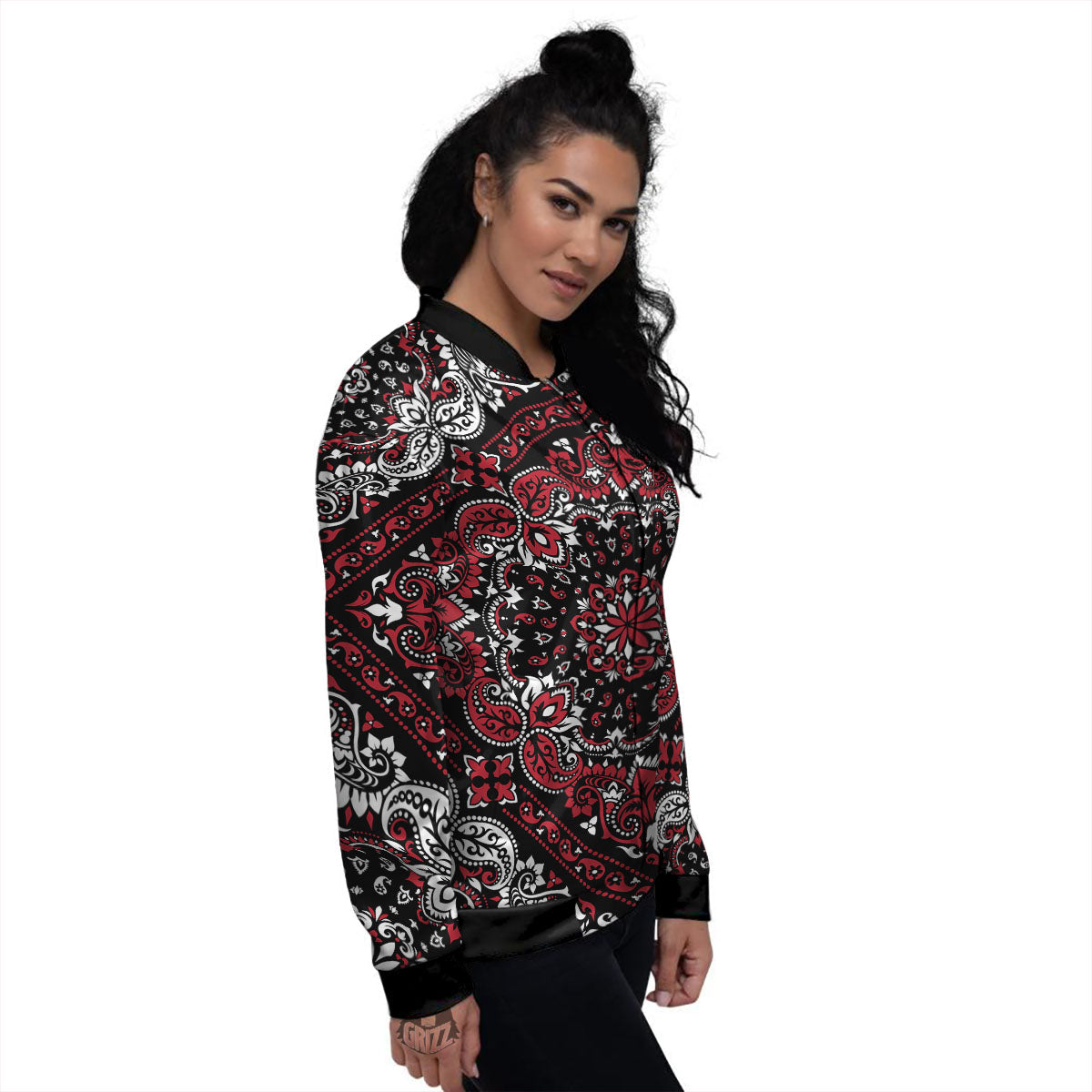 Red Black Bandana Paisley Print Women's Bomber Jacket-grizzshop