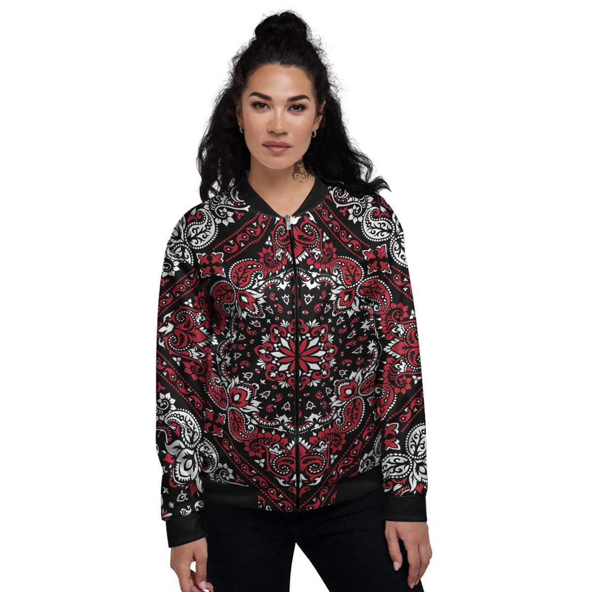 Red Black Bandana Paisley Print Women's Bomber Jacket-grizzshop