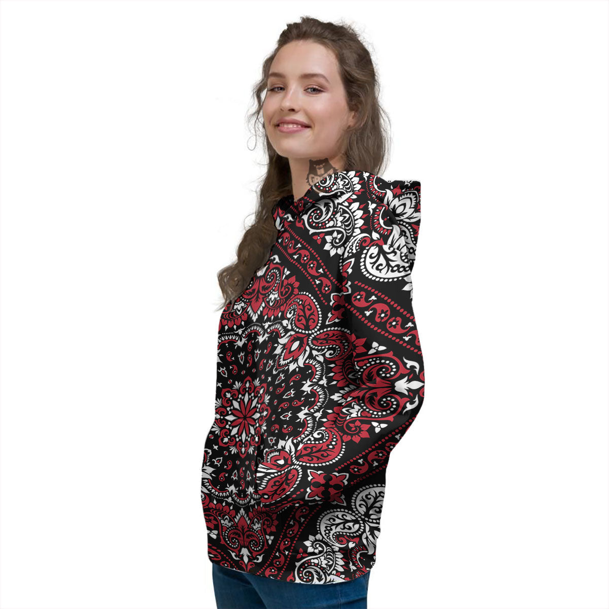 Red Black Bandana Paisley Print Women's Hoodie-grizzshop