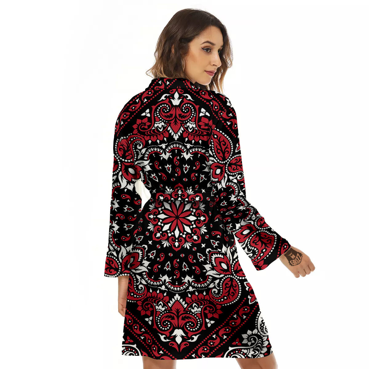 Red Black Bandana Paisley Print Women's Robe-grizzshop