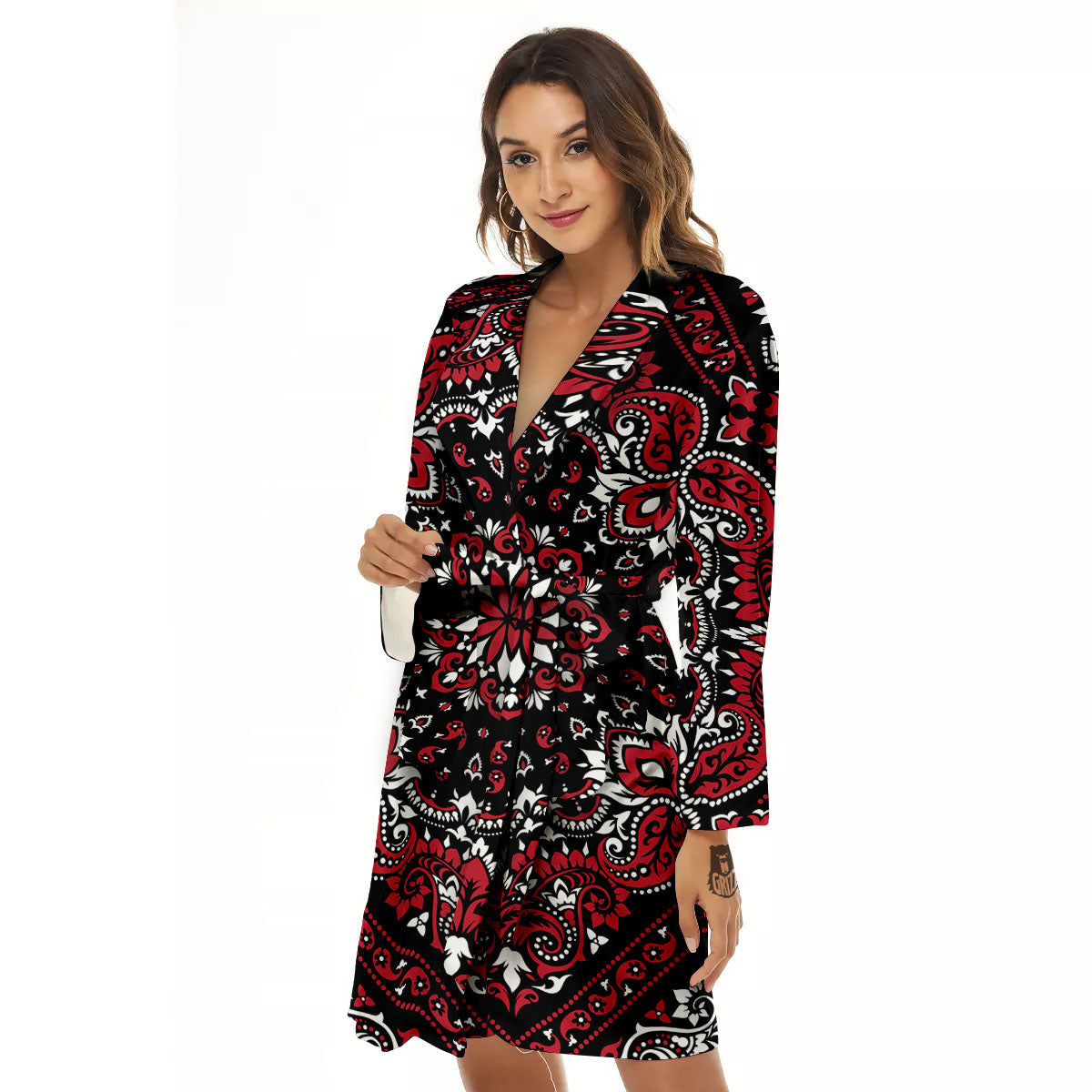 Red Black Bandana Paisley Print Women's Robe-grizzshop