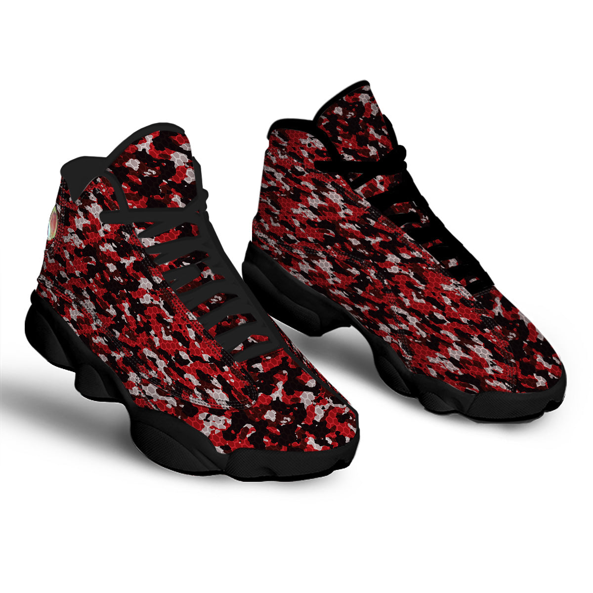 Red Black Hi Tech Camo Hexagonal Grid Print Pattern Black Basketball Shoes-grizzshop