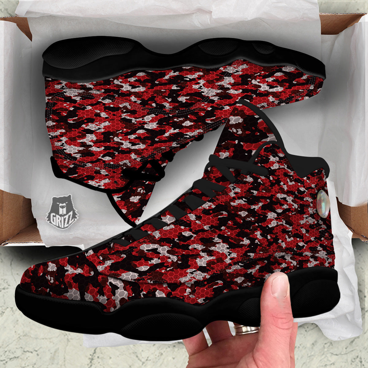 Red Black Hi Tech Camo Hexagonal Grid Print Pattern Black Basketball Shoes-grizzshop