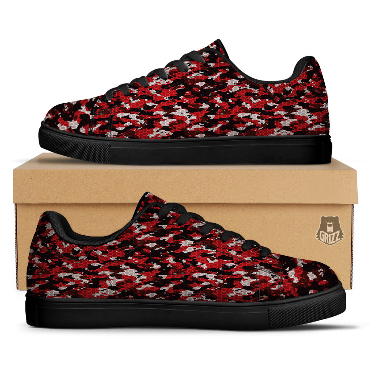 Red Black Hi Tech Camo Hexagonal Grid Print Pattern Black Low Top Sneakers-grizzshop