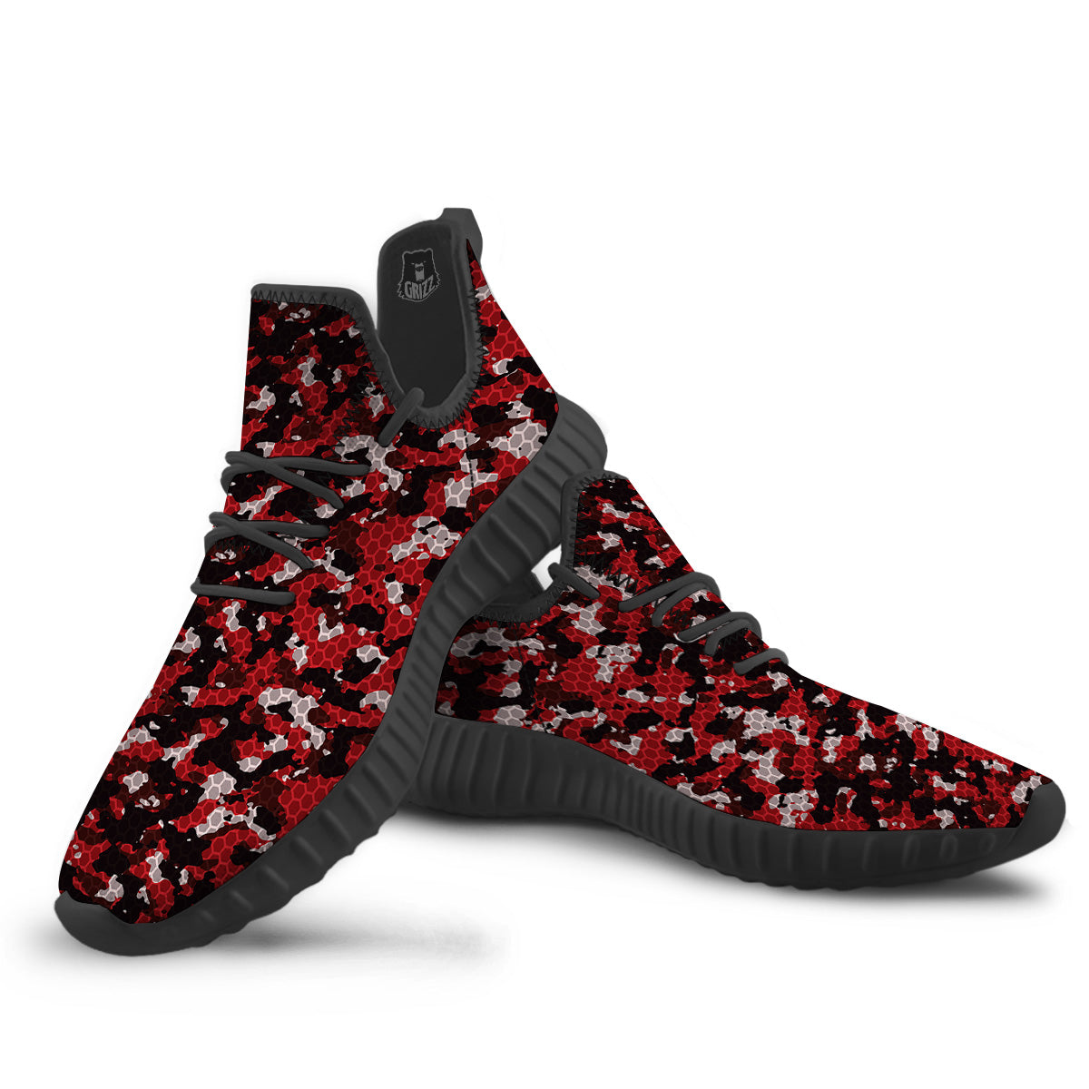 Red Black Hi Tech Camo Hexagonal Grid Print Pattern Black Walking Shoes-grizzshop