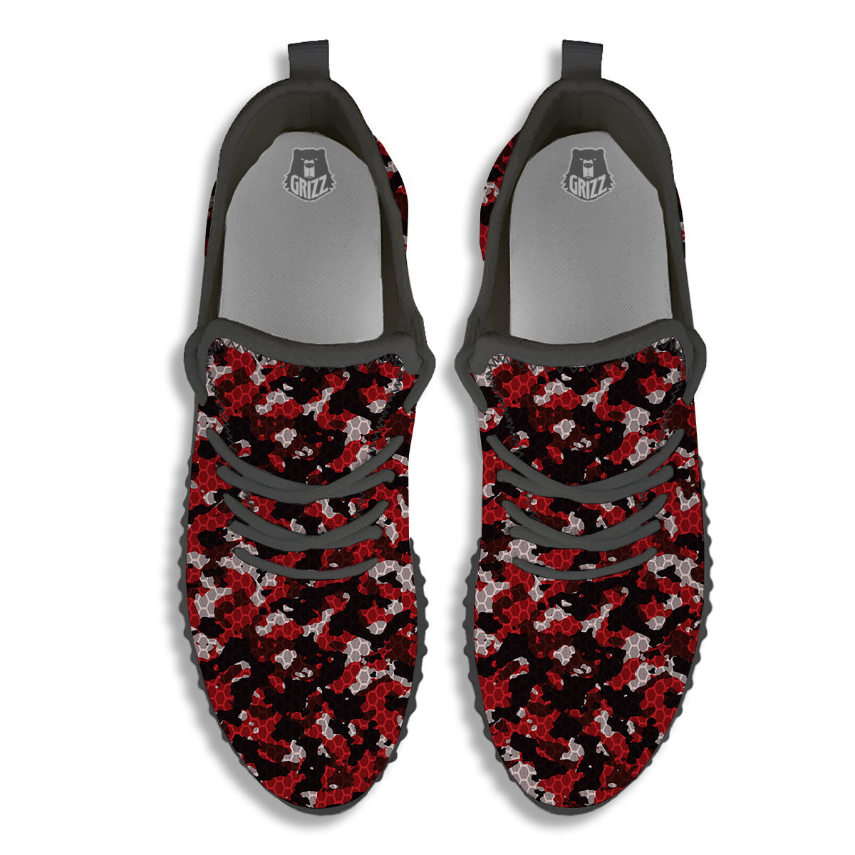 Red Black Hi Tech Camo Hexagonal Grid Print Pattern Black Walking Shoes-grizzshop