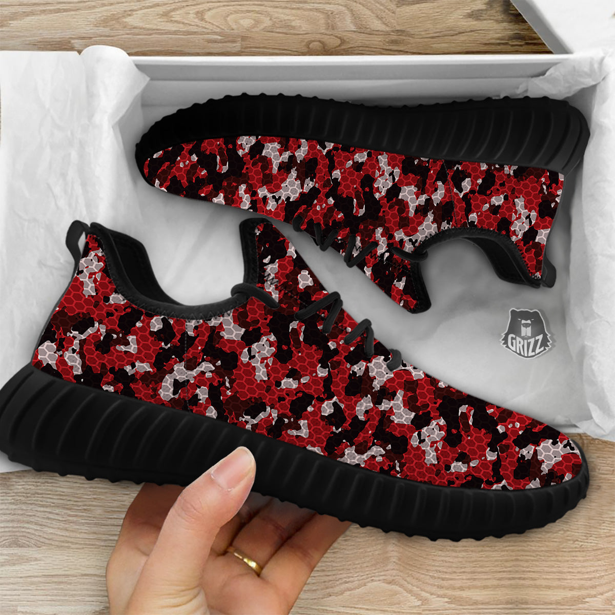 Red Black Hi Tech Camo Hexagonal Grid Print Pattern Black Walking Shoes-grizzshop