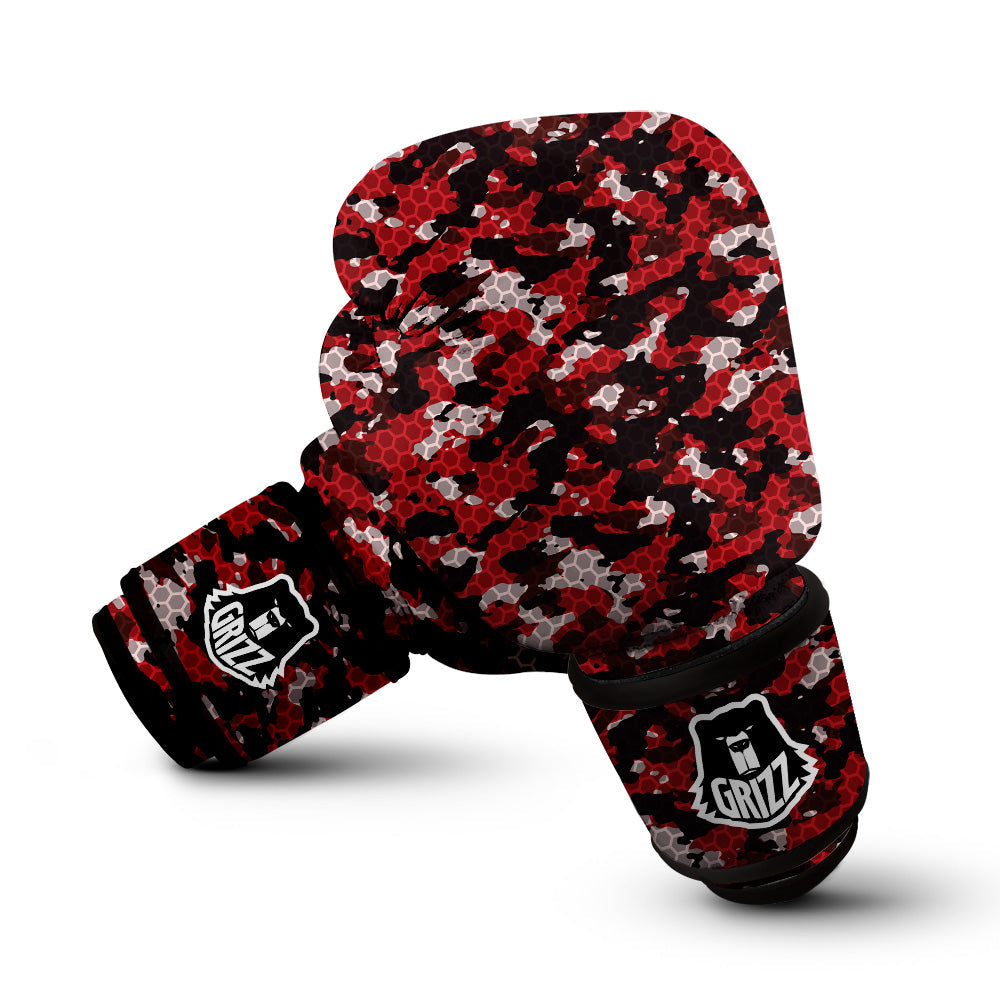 Red Black Hi Tech Camo Hexagonal Grid Print Pattern Boxing Gloves-grizzshop