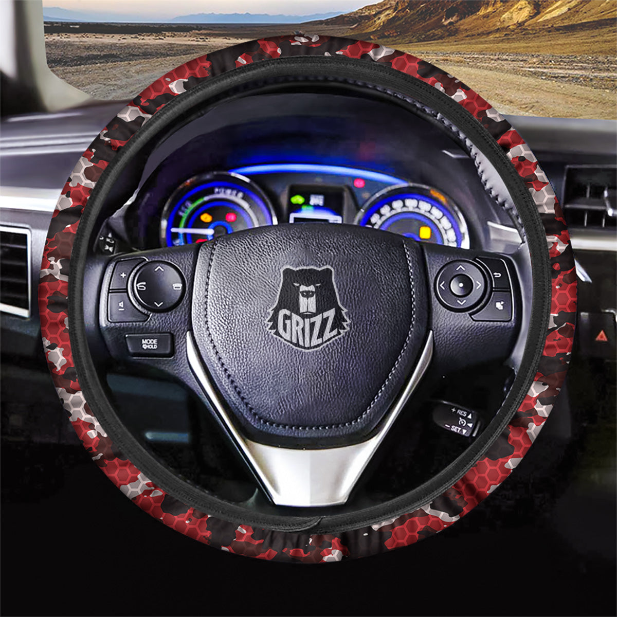 Red Black Hi Tech Camo Hexagonal Grid Print Pattern Car Steering Wheel Cover-grizzshop
