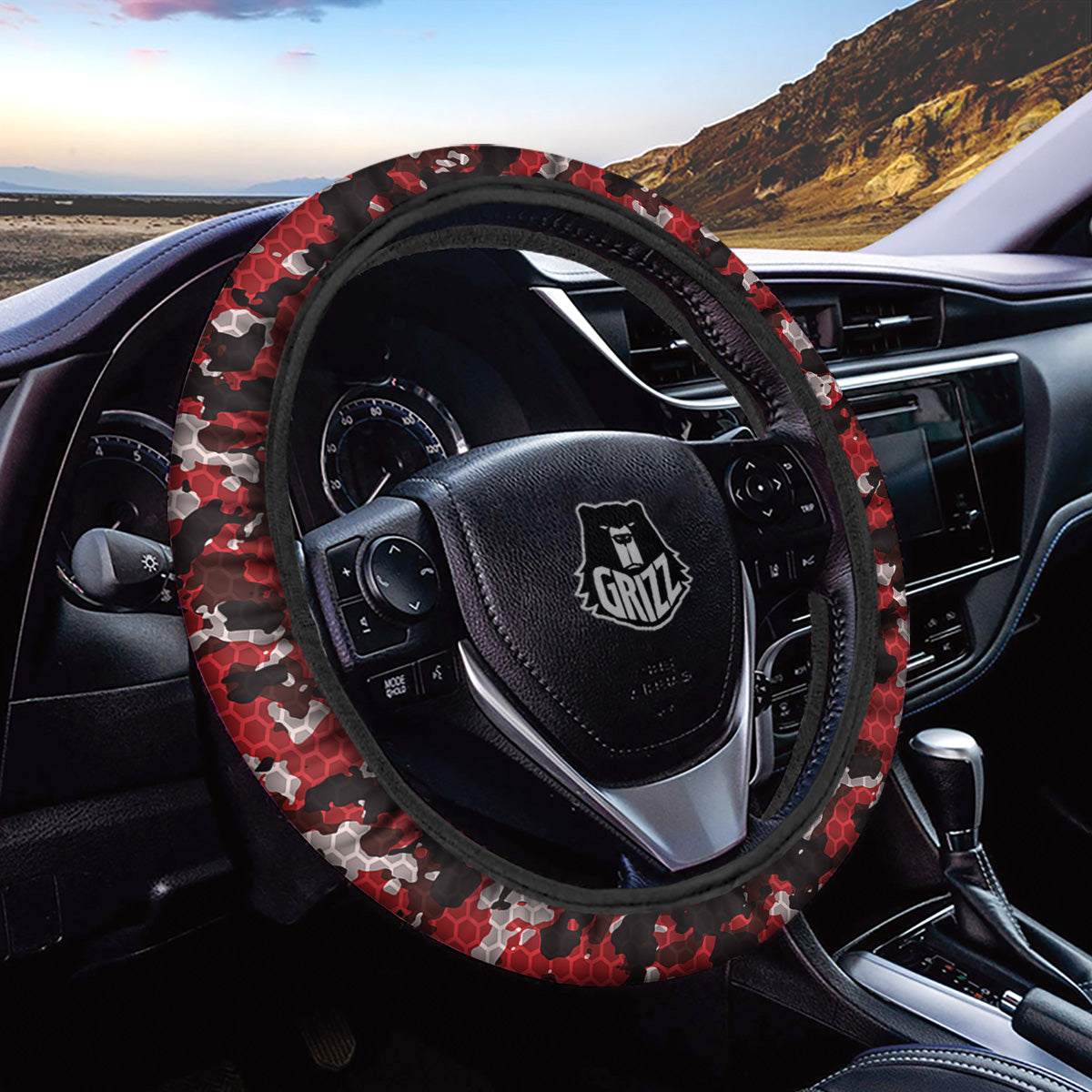 Red Black Hi Tech Camo Hexagonal Grid Print Pattern Car Steering Wheel Cover-grizzshop