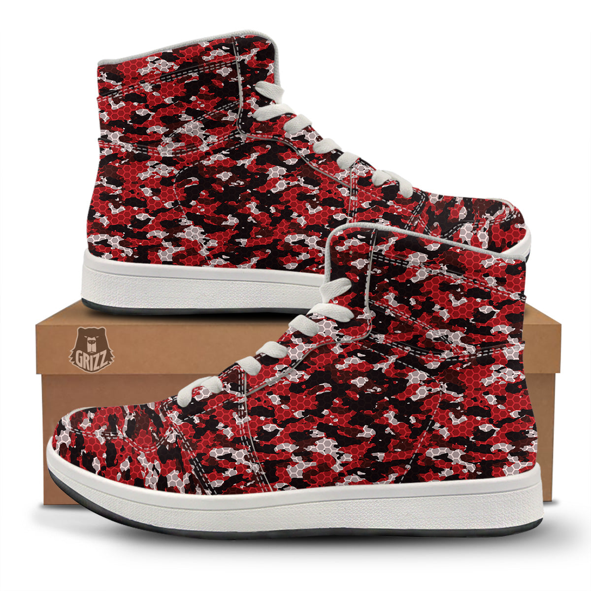 Red Black Hi Tech Camo Hexagonal Grid Print Pattern High Top Sneakers-grizzshop