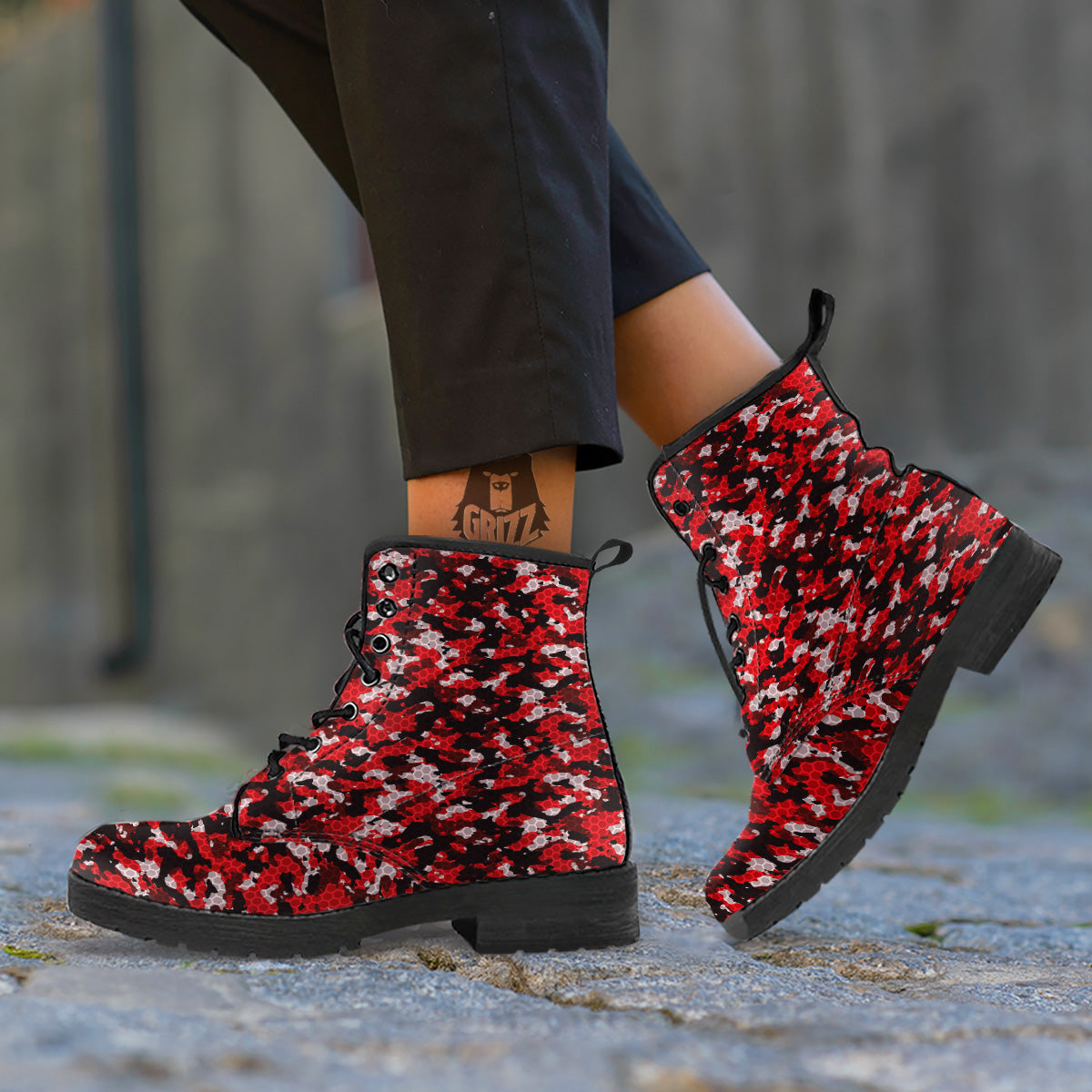 Red Black Hi Tech Camo Hexagonal Grid Print Pattern Leather Boots-grizzshop