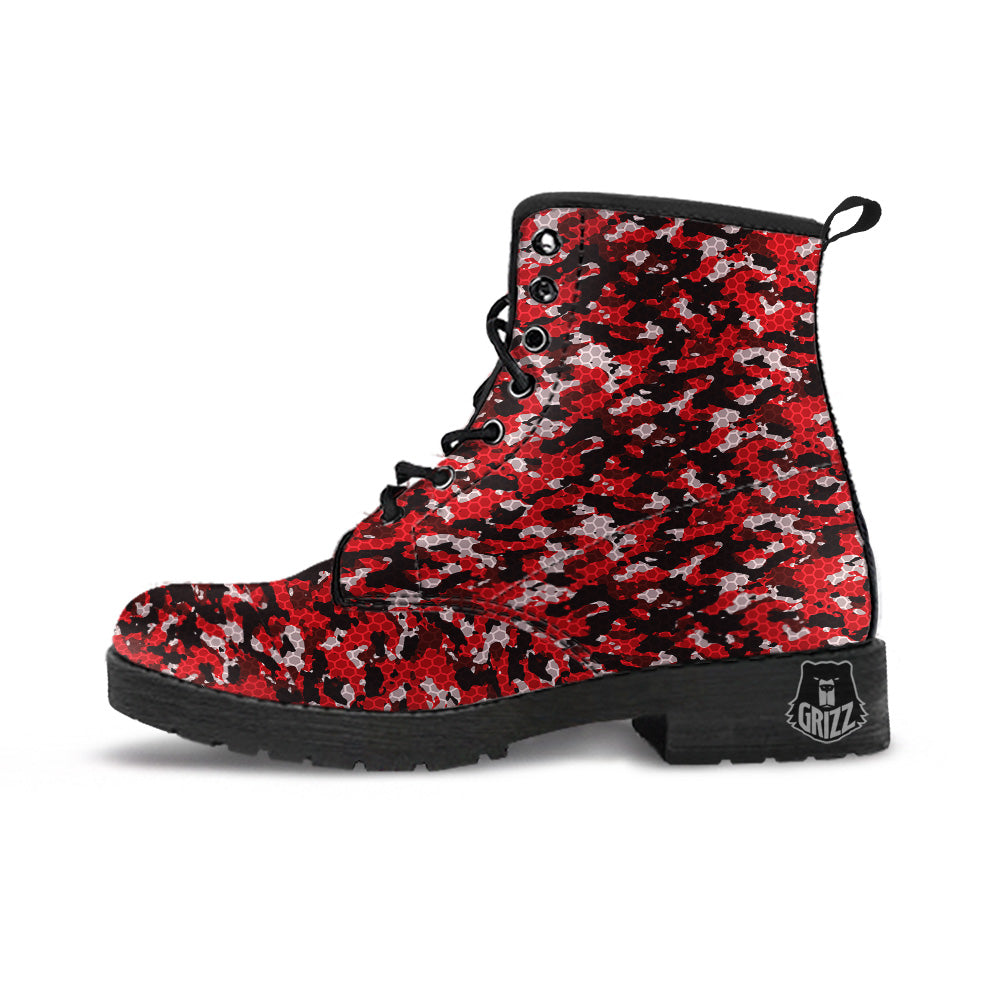 Red Black Hi Tech Camo Hexagonal Grid Print Pattern Leather Boots-grizzshop