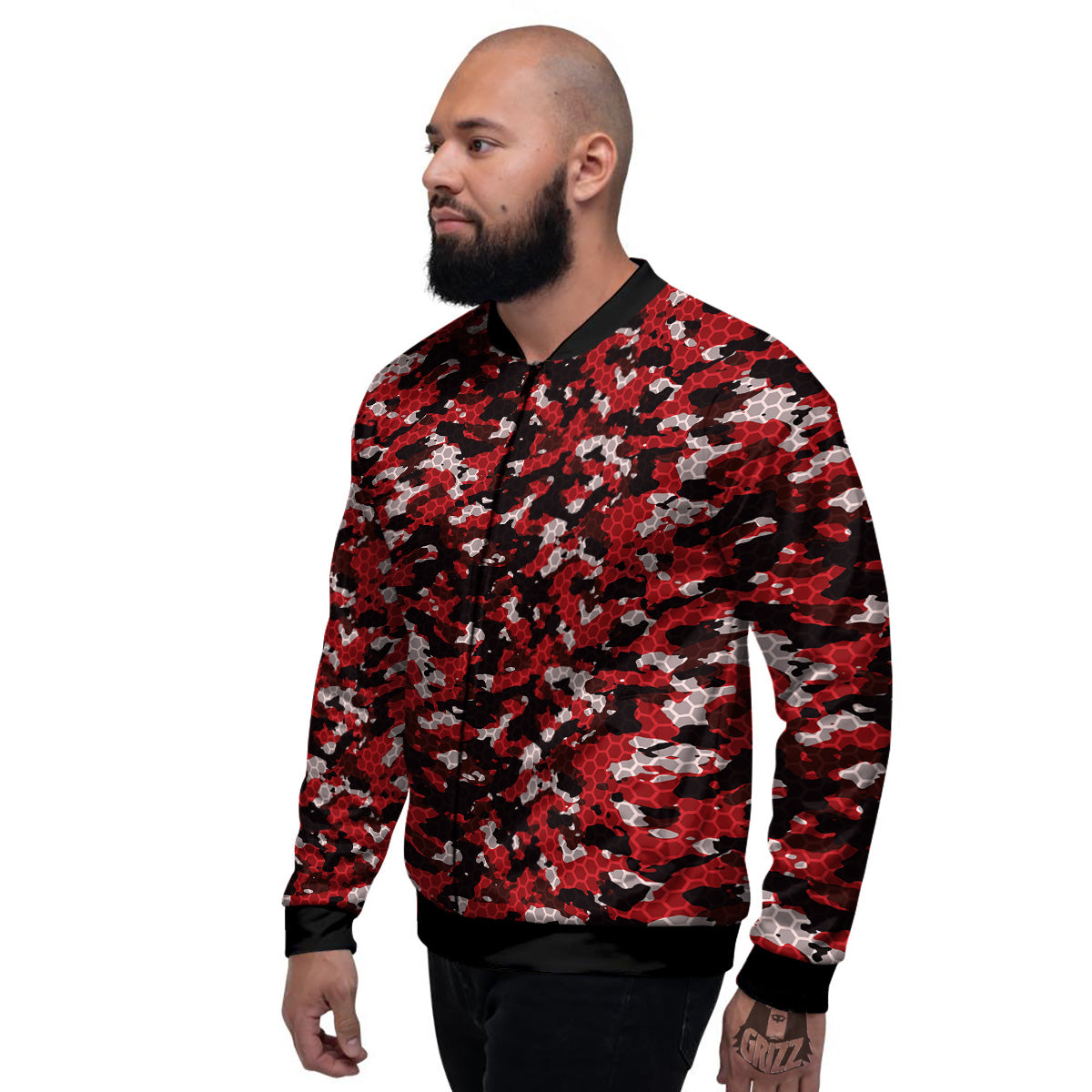 Red Black Hi Tech Camo Hexagonal Grid Print Pattern Men's Bomber Jacket-grizzshop