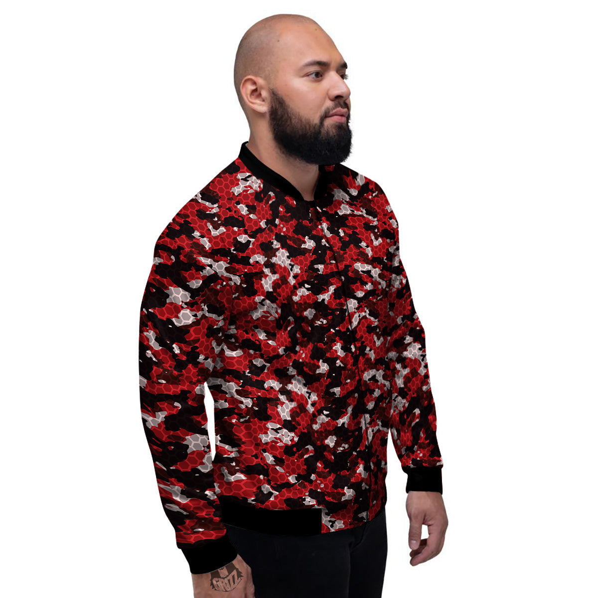 Red Black Hi Tech Camo Hexagonal Grid Print Pattern Men's Bomber Jacket-grizzshop